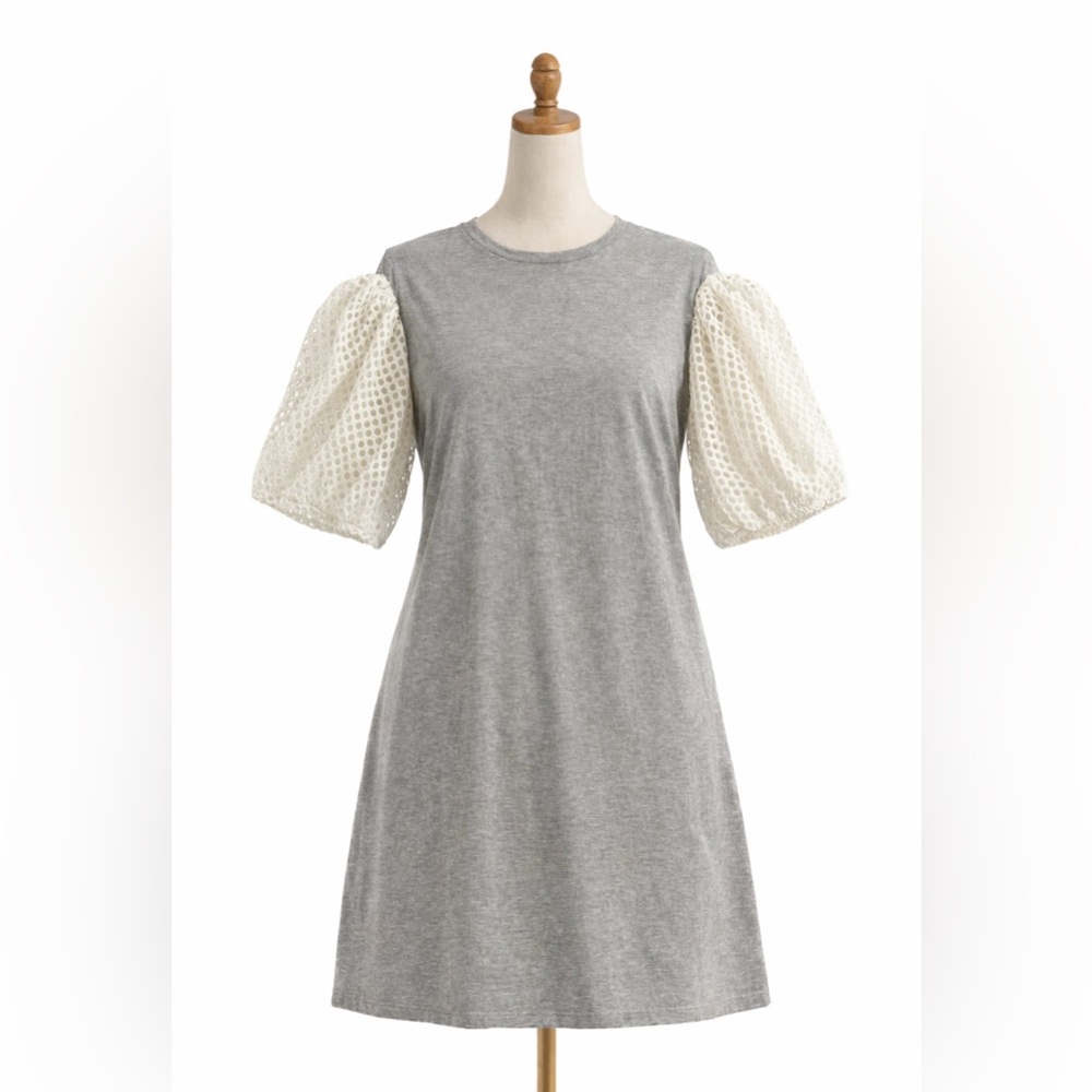 Gray Cotton T-Shirt Dress with Puff Mesh Sleeves – Size L